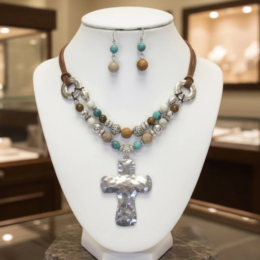 Womens  Hammered Metal Cross Beaded Cord Necklace‎ Earring Set
